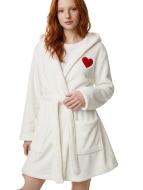 Fluffy White Robe with Red Heart Patch like new